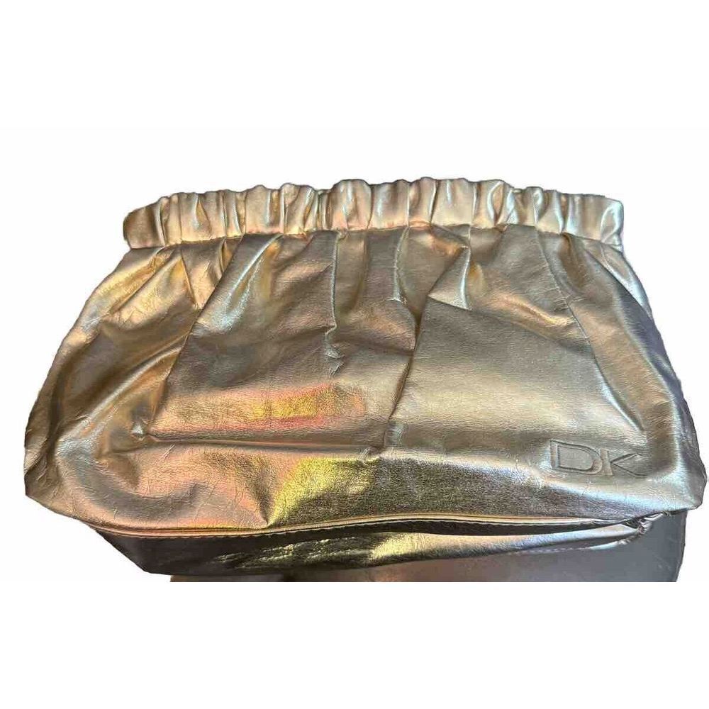 Donna Karan Women's Clutch‎ Ruffled Top Zip Metallic Gold Cosmetics Bag